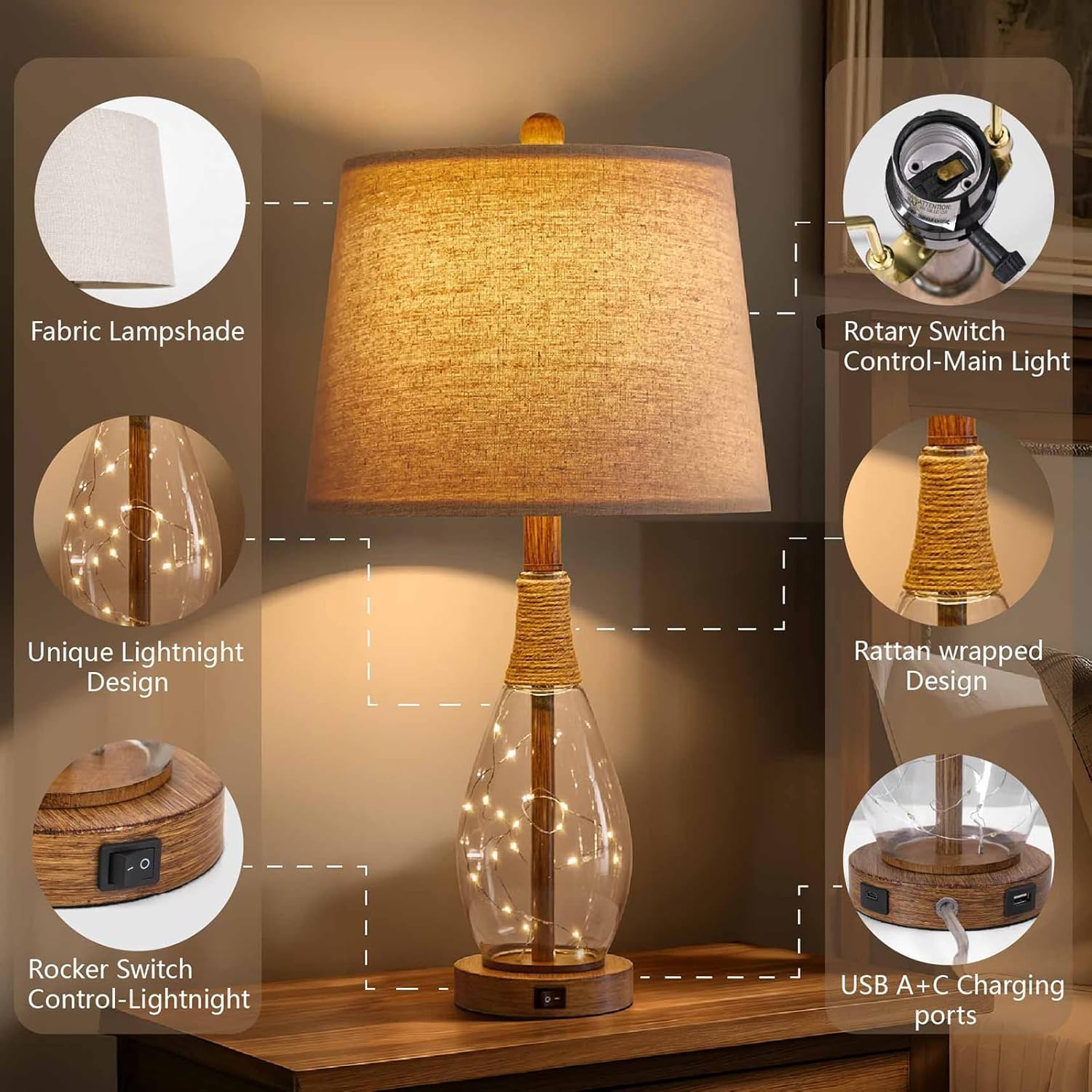 Fireflies glass and woven table lamp
