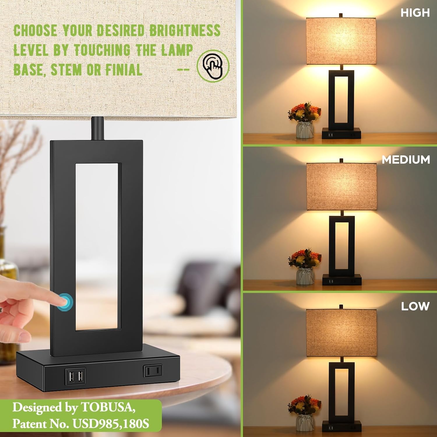 Set of 2 Touch Control Table Lamp with 2 USB Ports