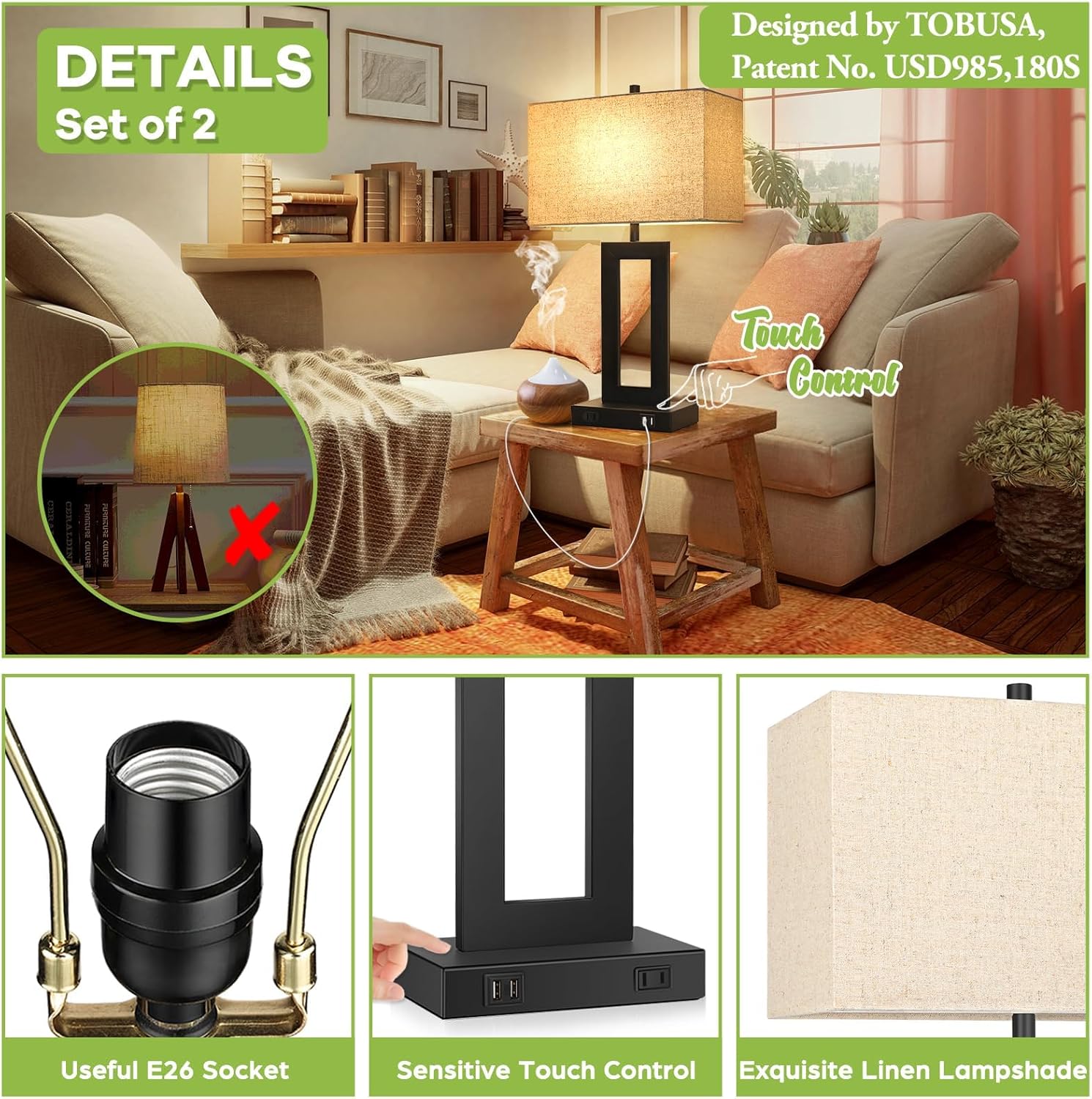 Set of 2 Touch Control Table Lamp with 2 USB Ports
