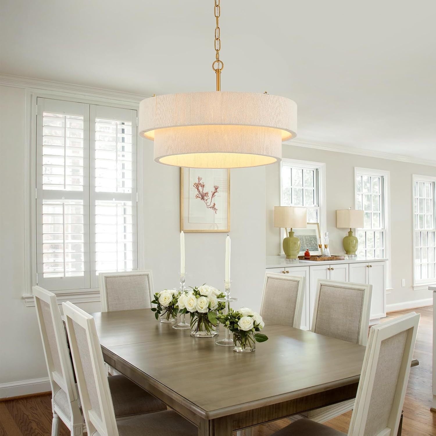 20” Hand Woven Rattan Chandelier Boho Pendant Light Adjustable Coastal Pendant Light for Kitchen Island Dining Living Room, White
