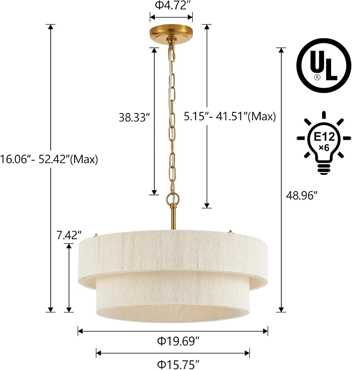 20” Hand Woven Rattan Chandelier Boho Pendant Light Adjustable Coastal Pendant Light for Kitchen Island Dining Living Room, White