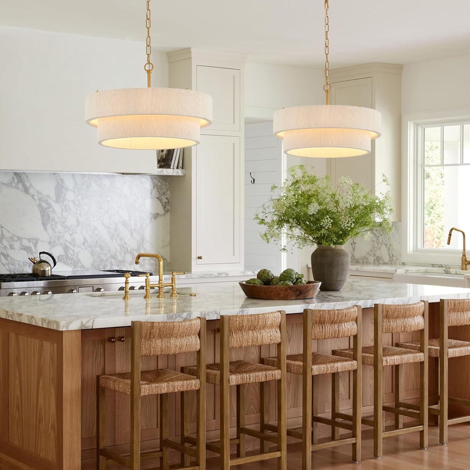 20” Hand Woven Rattan Chandelier Boho Pendant Light Adjustable Coastal Pendant Light for Kitchen Island Dining Living Room, White