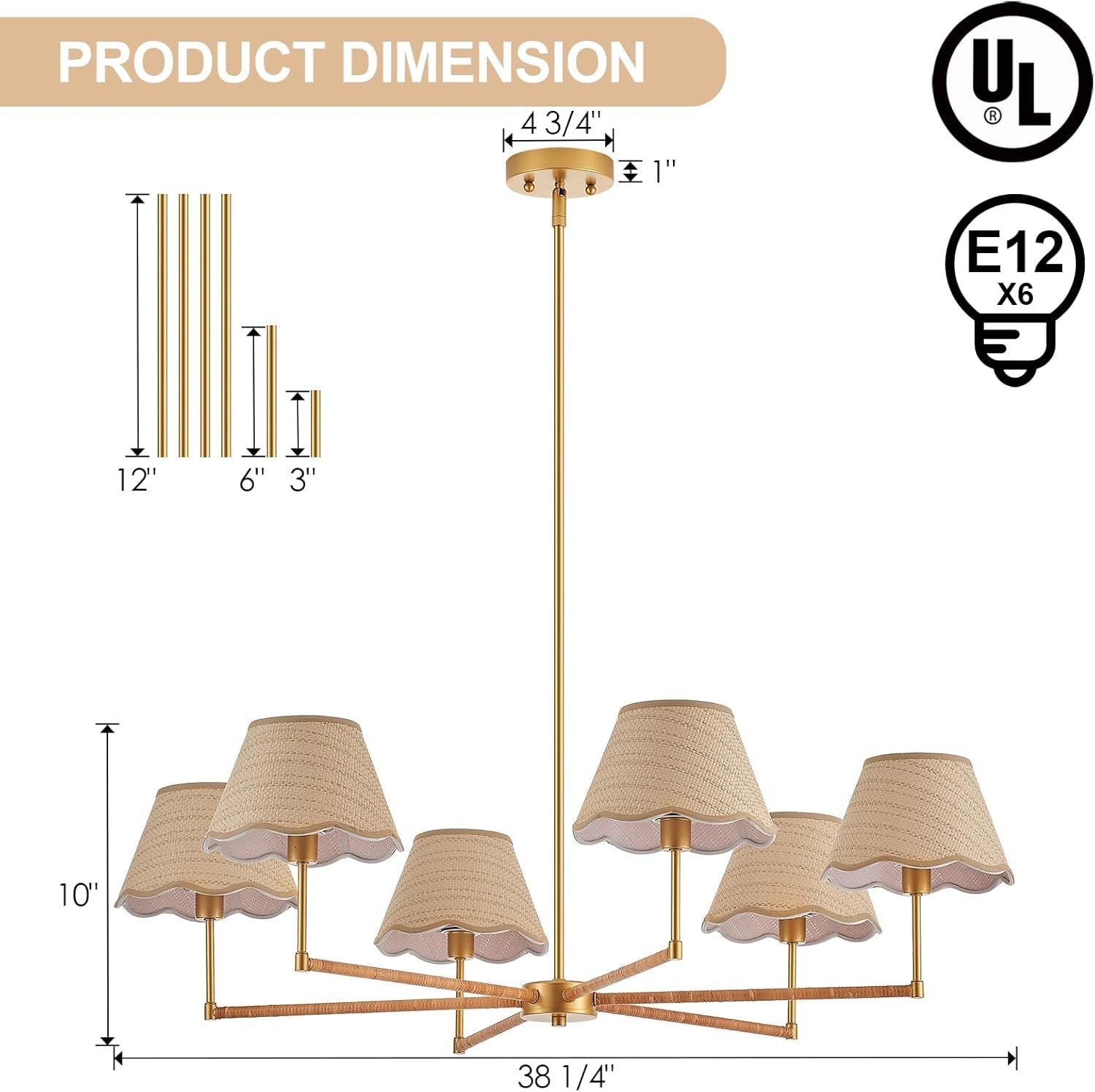 Rattan chandelier Large 6 heads retro industrial style