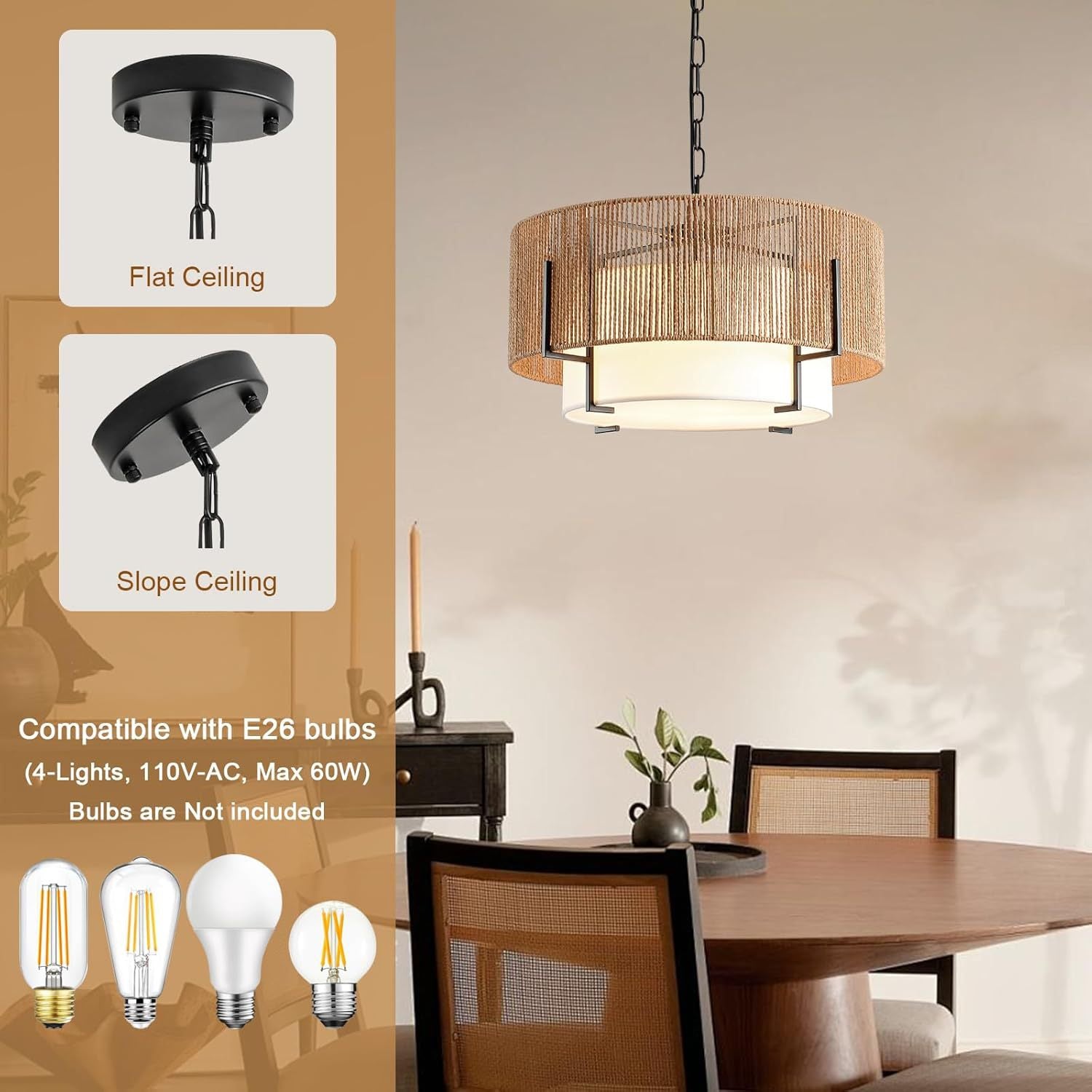 Rattan Double Layer chandelier - American Farmhouse