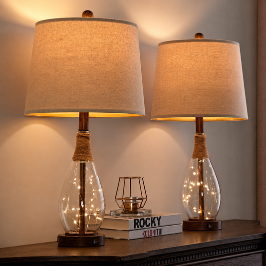 Fireflies glass and woven table lamp